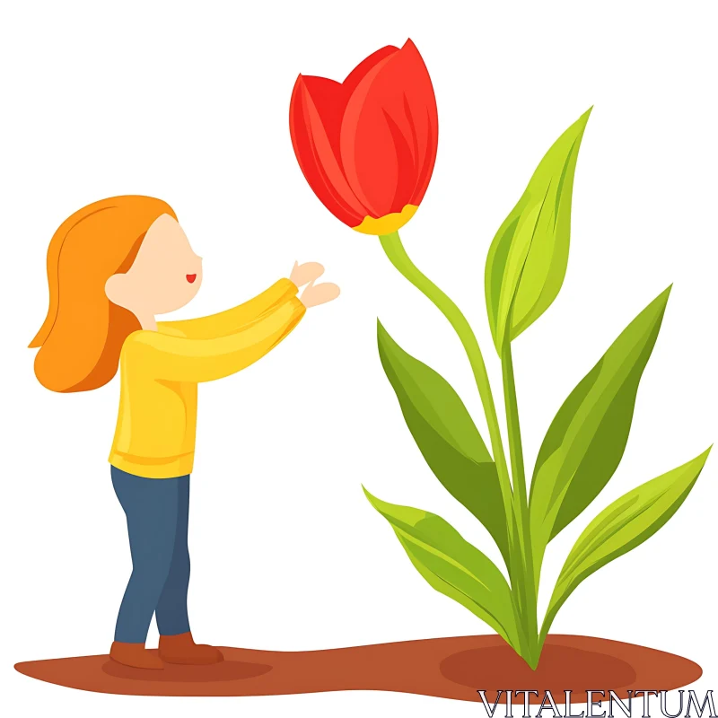 Child Reaching for Red Tulip Flower AI Image