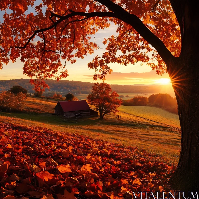 AI ART Cabin in Autumn Landscape at Sunset