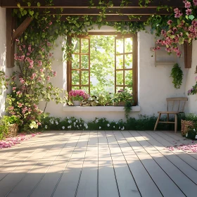 Sunlit Room with Flowers and Rustic Elements