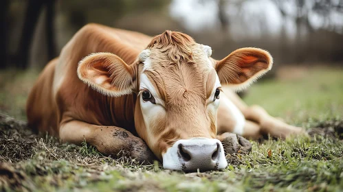 Peaceful Cow Resting in Grassy Field