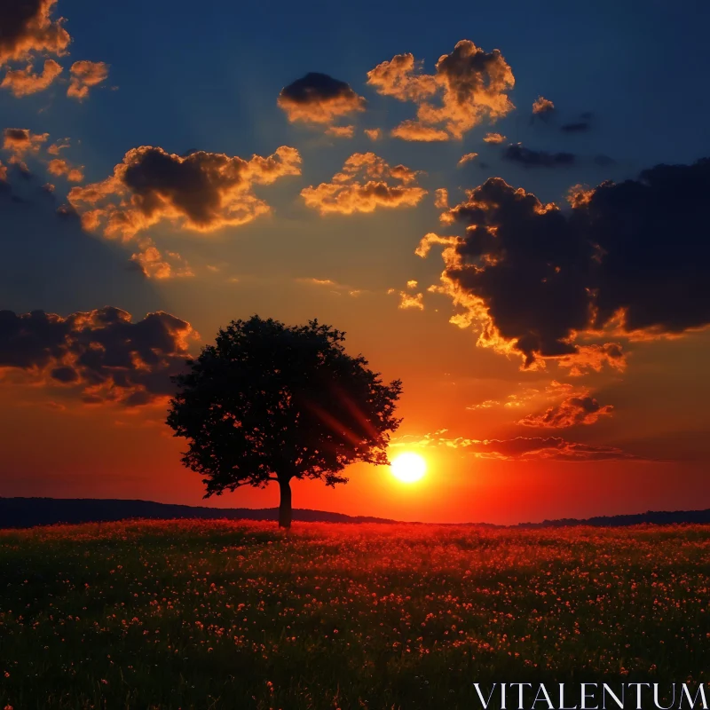 Sunset Over Field with Tree AI Image