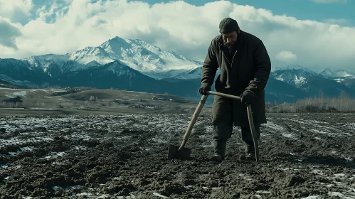 Farmer Tilling Soil in Mountainous Landscape