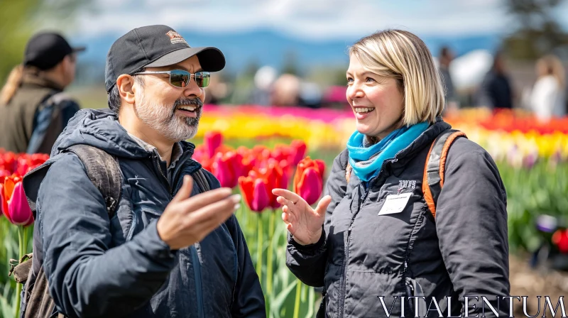 People Talking in a Flower Field AI Image