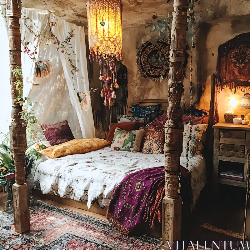 AI ART Cozy Bohemian Bedroom with Four-Poster Bed