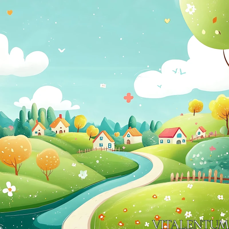 Whimsical Village River Scenery Artwork AI Image