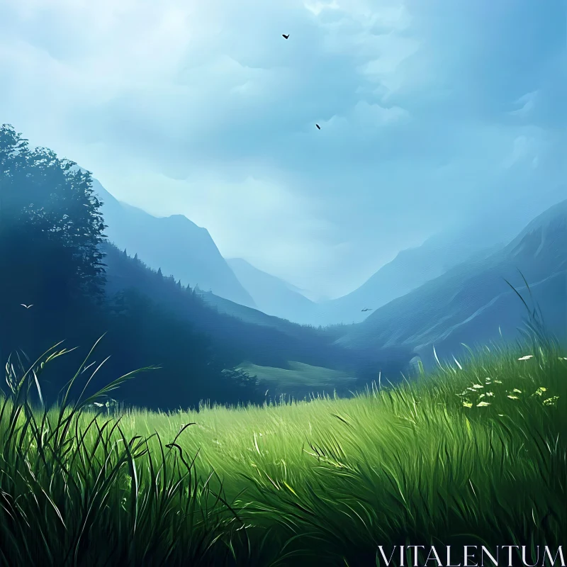 Scenic Mountain Meadow Landscape Art AI Image