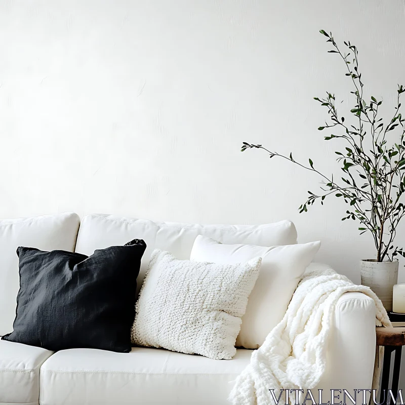 Serene White Couch with Pillows and Green Plant AI Image