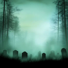 Foggy Graveyard Scene with Tombstones