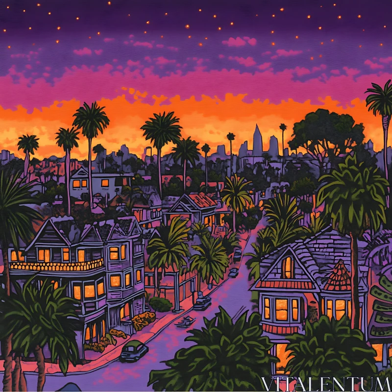 AI ART Urban Twilight: A Cityscape with Palms