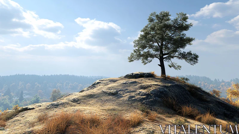 AI ART Lone Tree on a Scenic Hill with Blue Sky