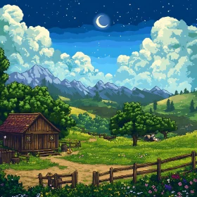 Charming Pixel Art Cabin Landscape