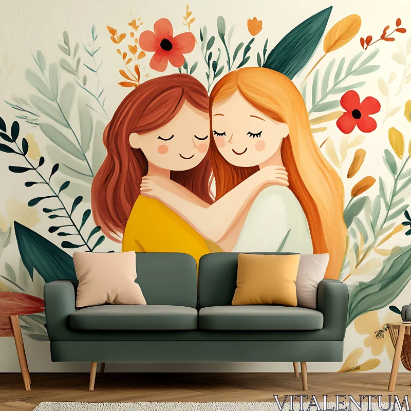 Two Girls Hugging in a Floral Scene AI Image