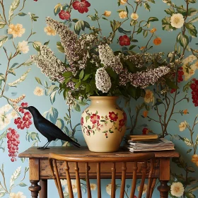 Flowers and Bird on Wooden Table