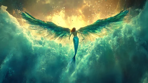 Winged Mermaid Emerging from Ocean Depths