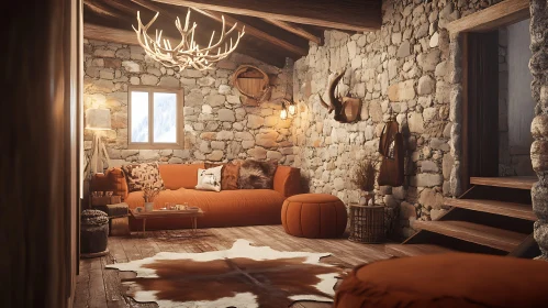 Cozy Living Room with Stone Walls