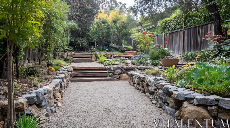 Lush Garden Landscape with Stone Pathway AI Image