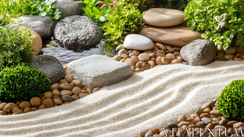 Peaceful Rock Garden with White Sand Waves AI Image