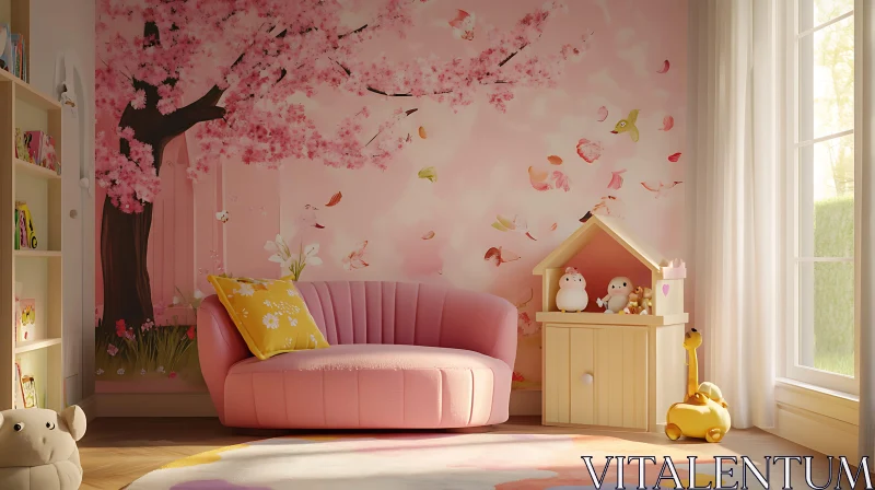 Pink Room with Cherry Blossoms AI Image