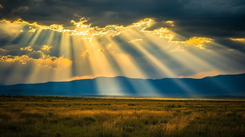 Sunset Sunrays Illuminating Grassland