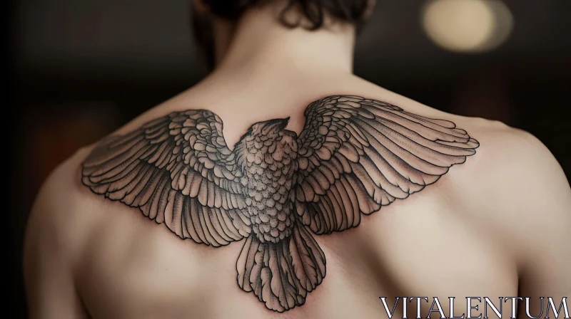 Intricate Winged Bird Back Tattoo AI Image