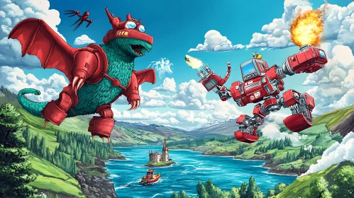 Cartoon Dragon Robot Fight in Nature