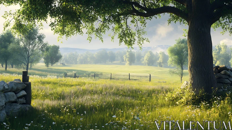 Peaceful Field with Tree and Stone Wall AI Image