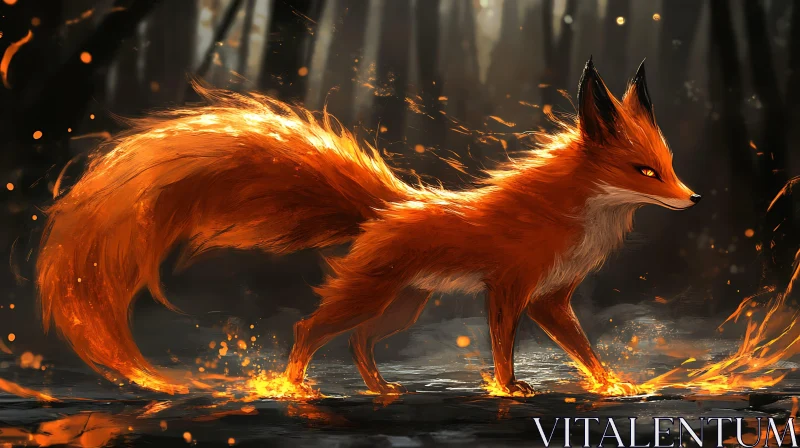 Fiery Fox Walking Through Dark Forest AI Image