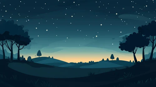 Peaceful Night Sky Over Rolling Hills