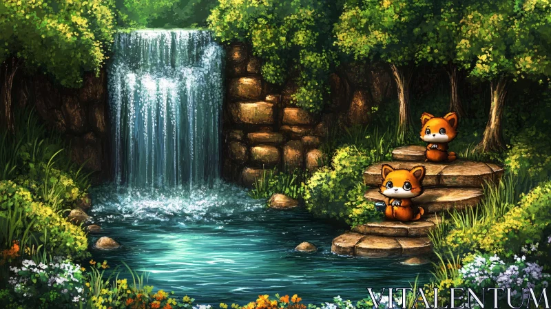 Whimsical Waterfall with Cute Foxes AI Image