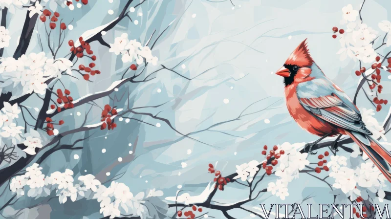 Blue Bird on Berry Branch in Snow - Graphic Design Illustration AI Image