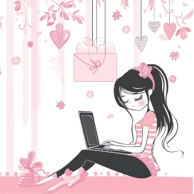 Stylized Woman with Laptop in Pink