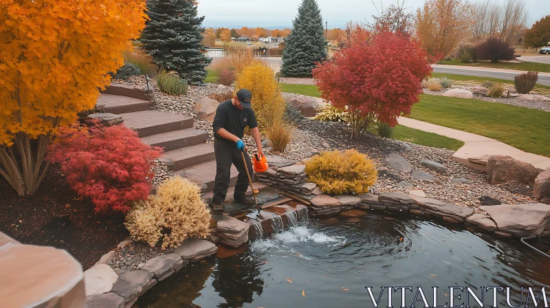 AI ART Man Maintaining Pond in Autumn Landscape