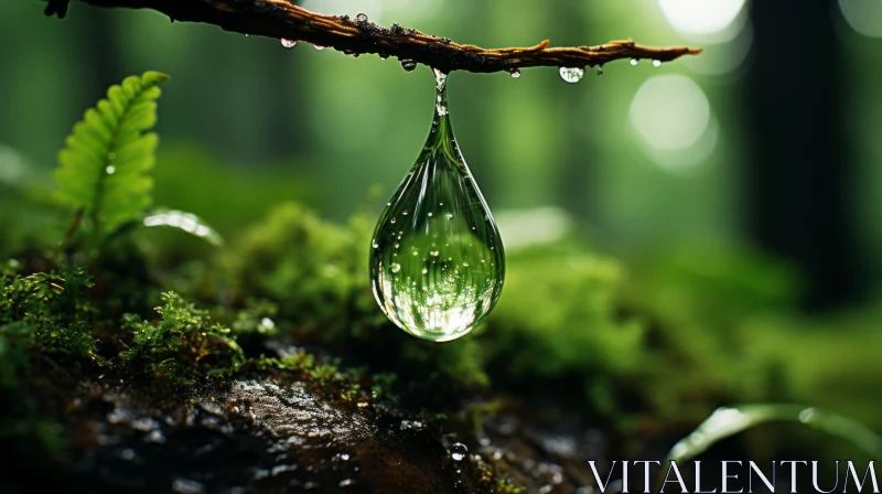 Captivating Photorealistic Water Droplet on Forest Branch AI Image