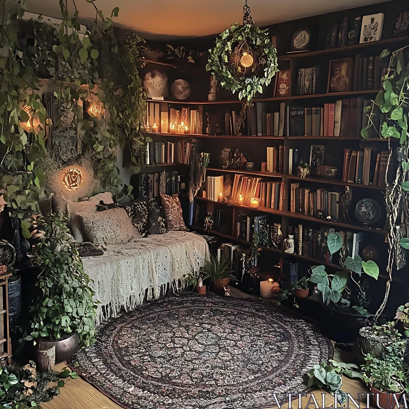 AI ART Botanical Book Nook with Warm Lighting