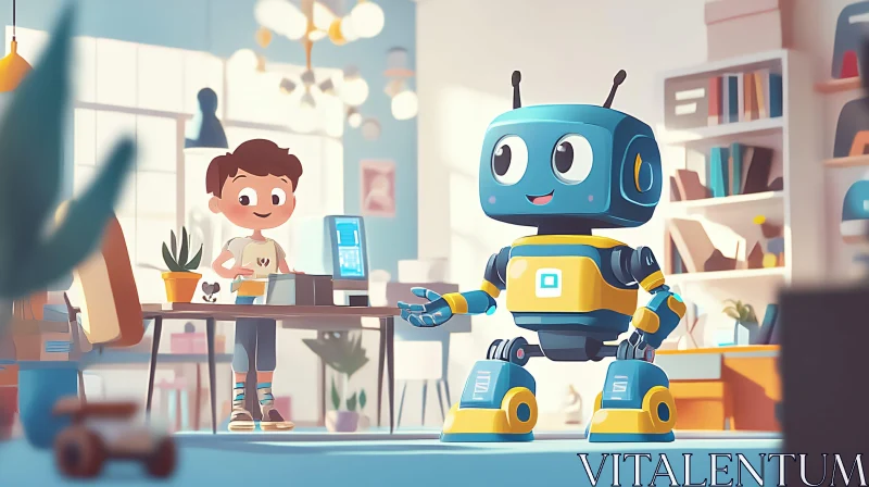 AI ART Cartoon Boy with Robot Friend