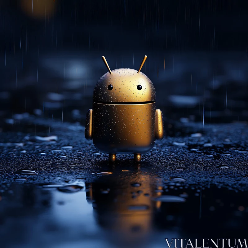 Shiny Gold Robot Amidst Rainy Reflection AI Image