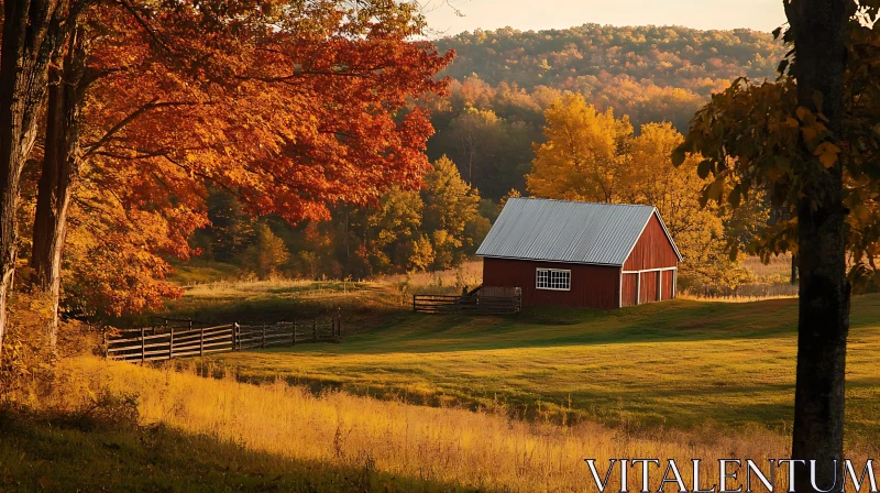 Red Barn in Autumn Scenery AI Image