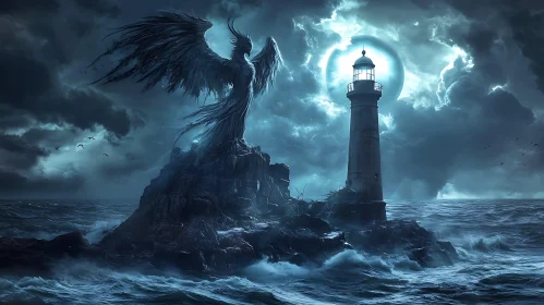 Stormy Sea with Lighthouse and Angel