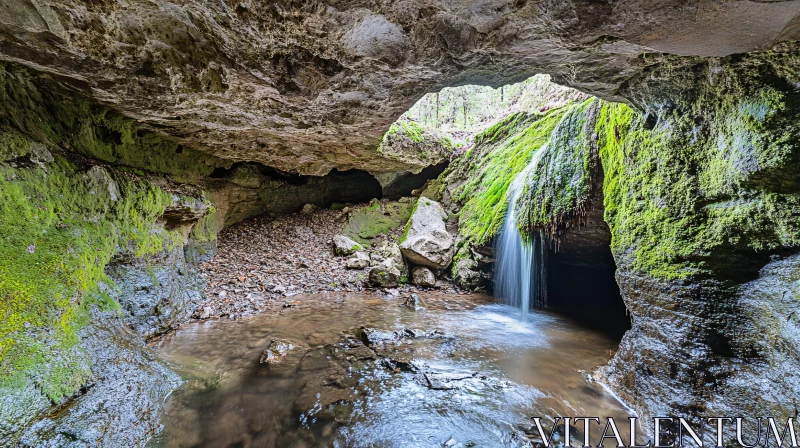 AI ART Mossy Cave with Waterfall