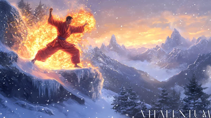 Winter Spell: Fire Magic on Snowy Peak AI Image