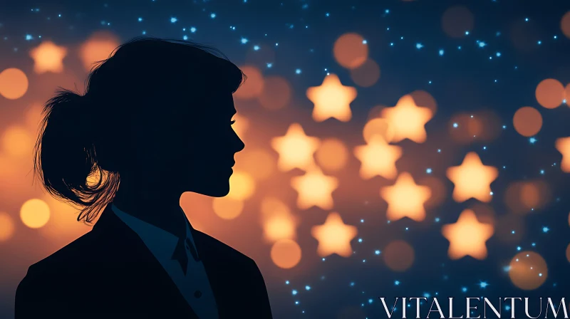 Ethereal Woman Silhouette Starry Backdrop AI Image