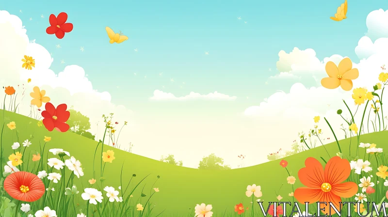 Floral Meadow and Butterflies AI Image