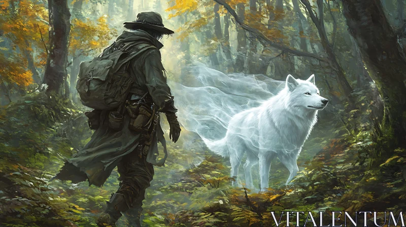 AI ART Man and Wolf in Autumn Forest