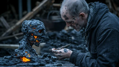 Man Carving a Sculpture with Fire