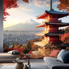 Autumn Pagoda Overlooking City and Mountain