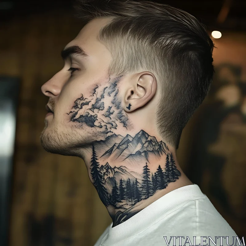 Mountain Landscape Tattoo on Neck AI Image