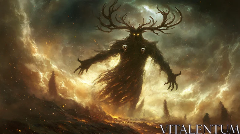 AI ART Antlered Monster in Fiery Landscape