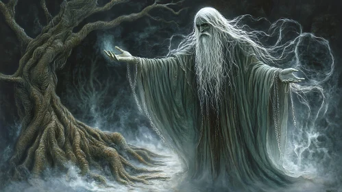 Spectral Wizard in Misty Forest Scene