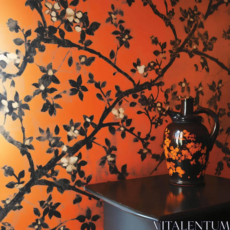 Orange Floral Still Life with Black Vase AI Image