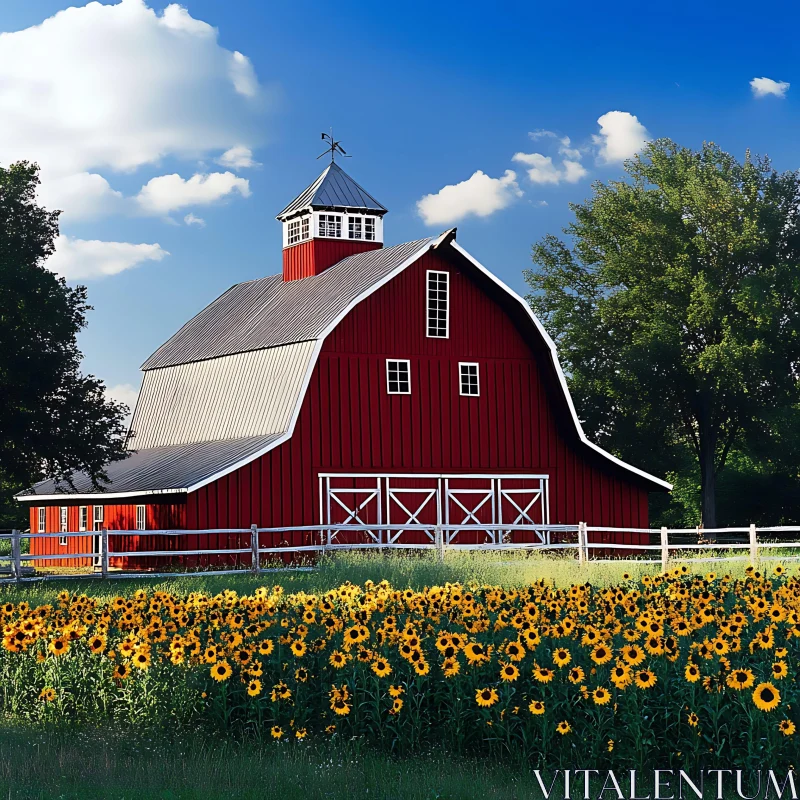 Rural Barn Amidst Sunflower Field AI Image